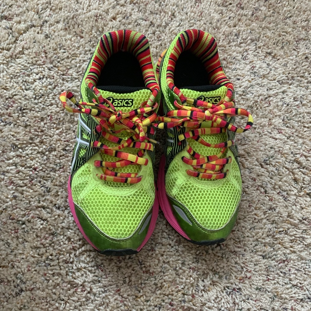 Yellow multicolored sneakers.